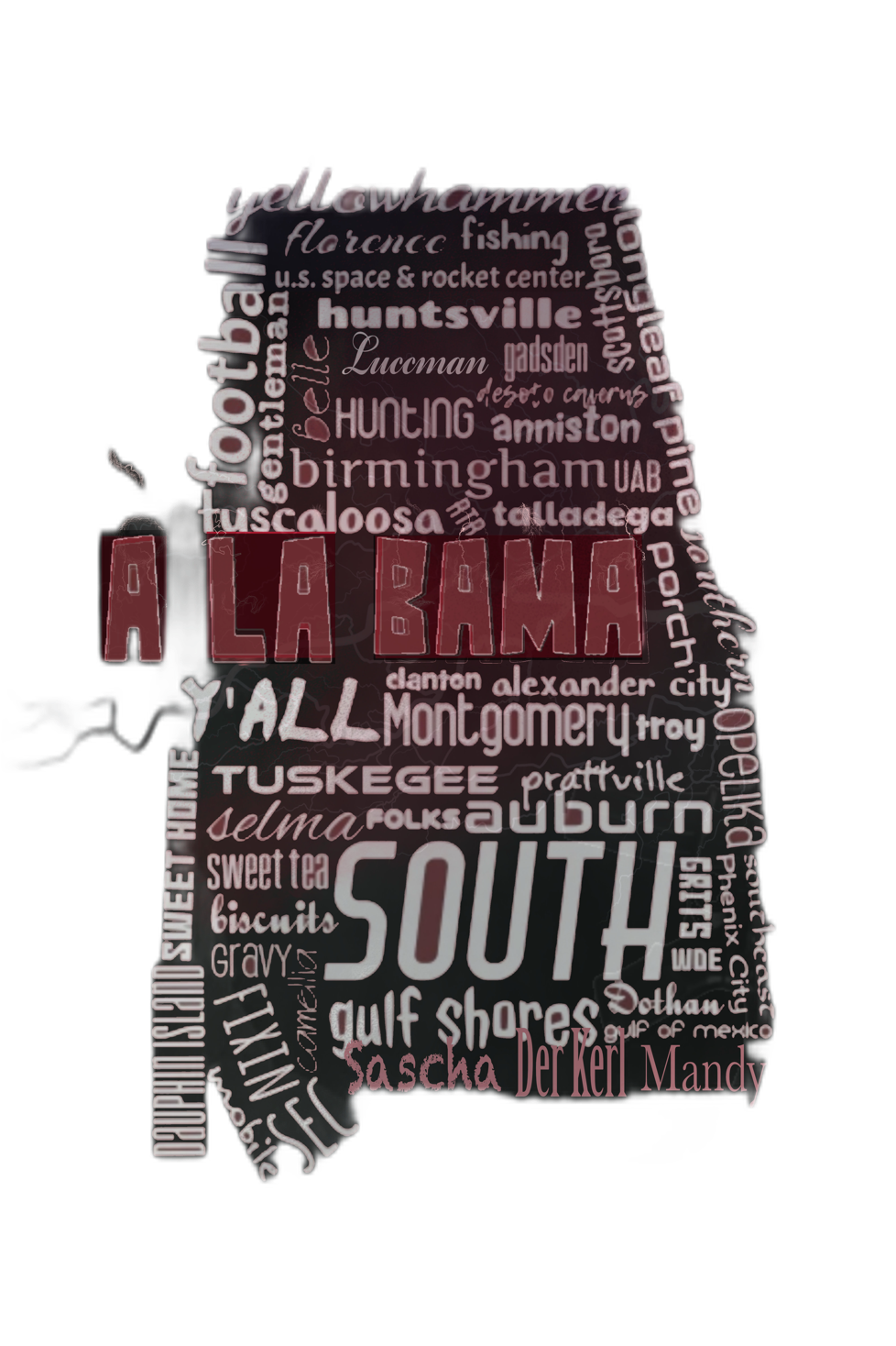 Alabama, geformt durch Worte, die typische für Alabama sind wie y'all, south, college football, bama oder sweet home alabama
